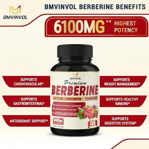 BMVINVOL Premium Berberine HCl 6-in1 Equivalent 6100mg - 120 Capsules - Plus Ceylon BMVINVOL Au supplements
