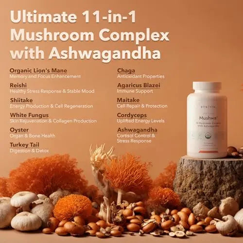 USDA Organic Lions Mane Supplement Capsules with Ashwagandha, Chaga, Reishi, Cordyceps Etta Vita Au supplements