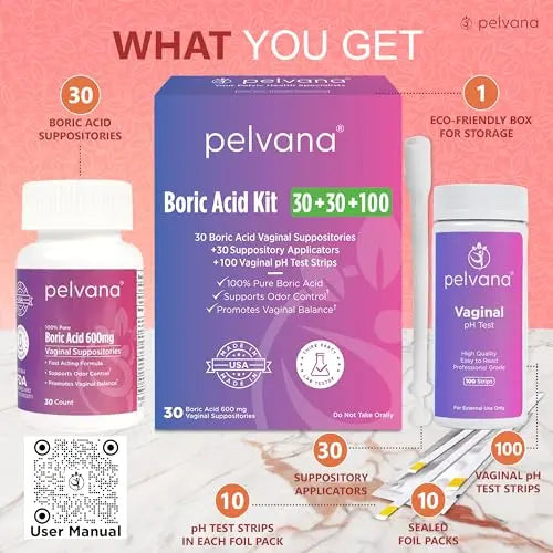 Pelvana Boric Acid Suppositories 30 + 30 Applicators + 100 pH Test Strips = 160 Piece Pelvana Au supplements