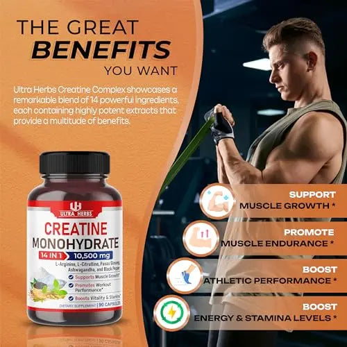Ultra Creatine Pills Muscle Growth 9800mg Creatine Monohydrate Capsules w Ginseng ULTRA HERBS Au supplements