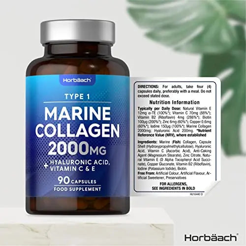 Marine Collagen Capsules | with Hyaluronic Acid, Vitamin C & E | 2000mg | High Strength Type 1 Collagen Horbäach Au supplements