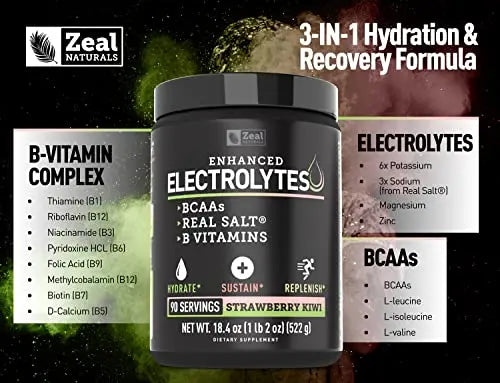 Enhanced Electrolyte Powder (Strawberry Kiwi | 90ct.) Sugar Free + BCAA, B-Vitamins Zeal Naturals Au supplements