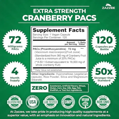 Zazzee Cranberry PACs, 72 mg PACs per Capsule, 2X Strength, 100% Soluble, 120 Vegan Capsules, 50:1 Extract, 18,200 mg Strength, Fast-Acting, Effective Urinary Tract Support, Made in The USA Zazzee Au supplements