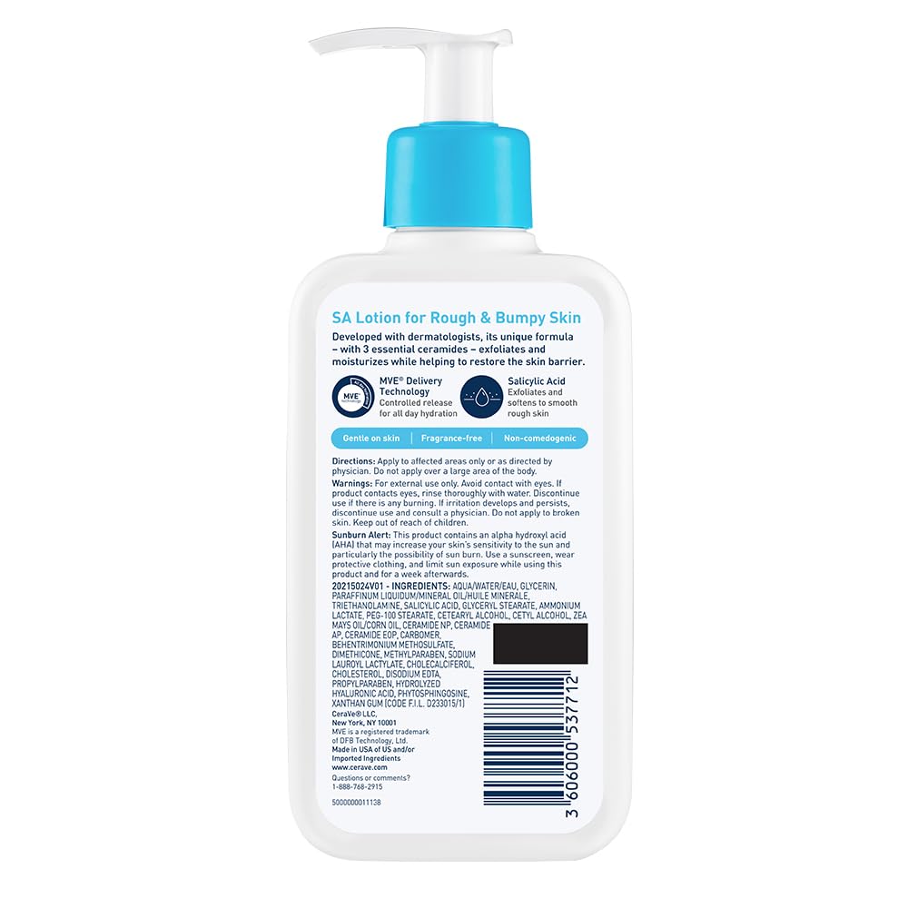 CeraVe SA Lotion for Rough & Bumpy Skin, Vitamin D, Hyaluronic Acid, Lactic Acid & Salicylic Acid Lotion