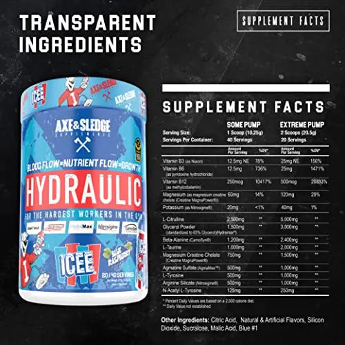 Axe & Sledge Supplements Hydraulic Stimulant-Free Pre-Workout Powder, ICEE Blue Axe & Sledge Au supplements
