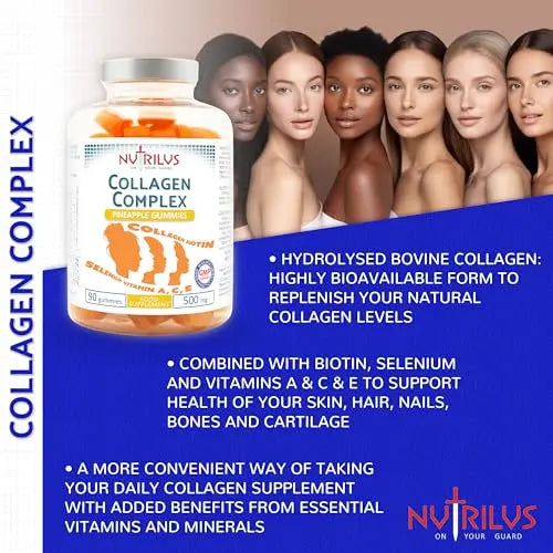 Collagen Complex 90 Natural Pineapple Gummies 500mg - Large Pack - with Biotin & Selenium Nutrilus Au supplements