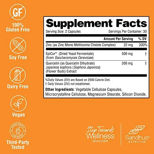 Sandhu's Zinc Quercetin with EpiCor® 60 Vegetarian Capsules - Gluten-Free Zinc Sandhu's Au supplements