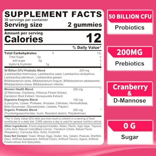 Probiotics for Women Gummies, Sugar Free Vaginal Probiotics 50 Billion CFU 10 Strains w/ Cranberry NEVISS Au supplements