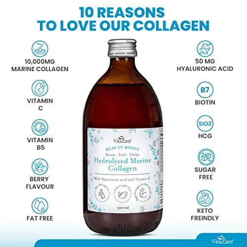 VitaZam Marine Collagen Liquid 10000mg with Hyaluronic Acid, Hydrolysed Peptide, Biotin for Hair, Skin, Nails, Joint, and Muscles, 500 ml VitaZam Au supplements