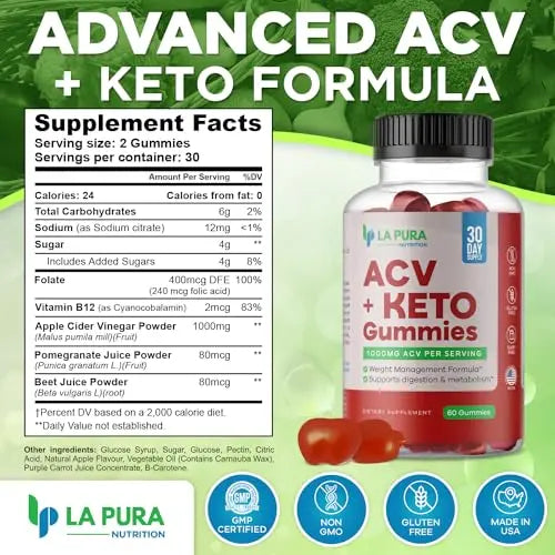 LaPura ACV 1000 mg + Keto Gummies for Weight Loss, 60 Gummies - 1000 mg Apple Cider LaPura Au supplements