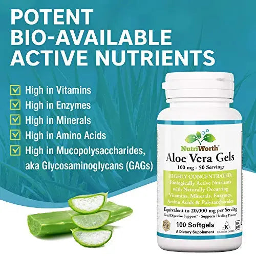 NutriWorth Aloe Vera Supplement (100 Softgels) 20,000mg Pure Gel Equivalency NutriWorth Au supplements