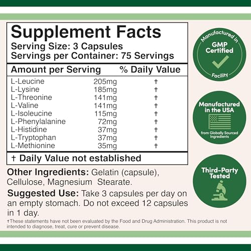 Essential Amino Acids - 1 Gram Per Serving Powder Blend of All 9 Essential Aminos (EAA) and All Branched-Chain Aminos (BCAAs) (Leucine, Isoleucine, Valine) 225 Capsules
