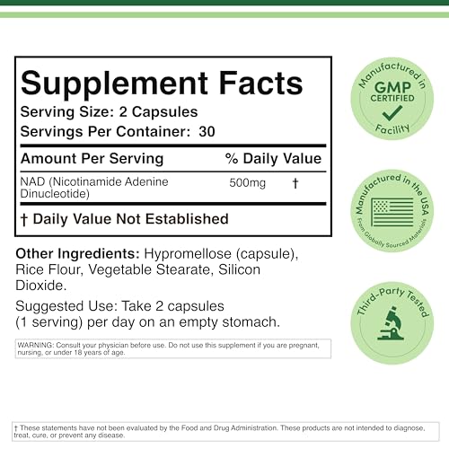 Double Wood Supplements NAD+ Anti Aging & Cell Regeneration | 500mg of 95% Pure NAD Plus Per Serving, 30 Day Supply | Similar to Nicotinamide Riboside
