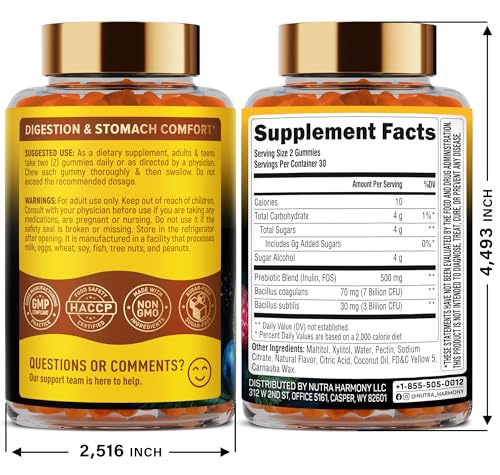 Probiotic Gummies 10B CFU with Prebiotic Fiber - Digestion & Immune Support - Debloat, Stomach & Gut Comfort - Probiotics for Women & Men - Natural Berry Flavor - Vegan & Sugar-free - 60 Gummies NUTRAHARMONY Au supplements