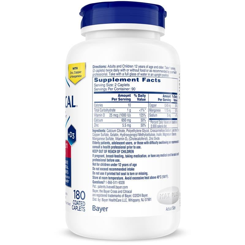 Citracal Maximum Plus Calcium Supplement - Calcium Citrate with Vitamin D3, Zinc, & Essential Minerals for Bone Health Support, Ages 12+