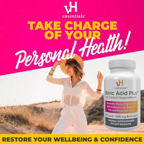 vH essentials Boric Acid Plus Vaginal Suppositories, Prebiotic Infused with Soothing Aloe Vera, pH vH essentials Au supplements