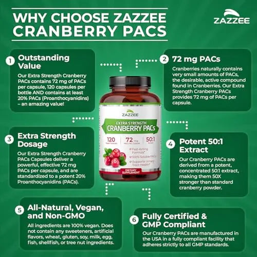 Zazzee Cranberry PACs, 72 mg PACs per Capsule, 2X Strength, 100% Soluble, 120 Vegan Capsules, 50:1 Extract, 18,200 mg Strength, Fast-Acting, Effective Urinary Tract Support, Made in The USA Zazzee Au supplements