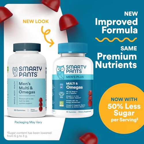 SmartyPants Men's Multivitamin Gummies with Omega 3 DHA/EPA, Methylfolate, Vitamin D3, C, B12, B6, A, K, Zinc