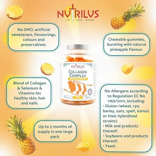 Collagen Complex 90 Natural Pineapple Gummies 500mg - Large Pack - with Biotin & Selenium Nutrilus Au supplements