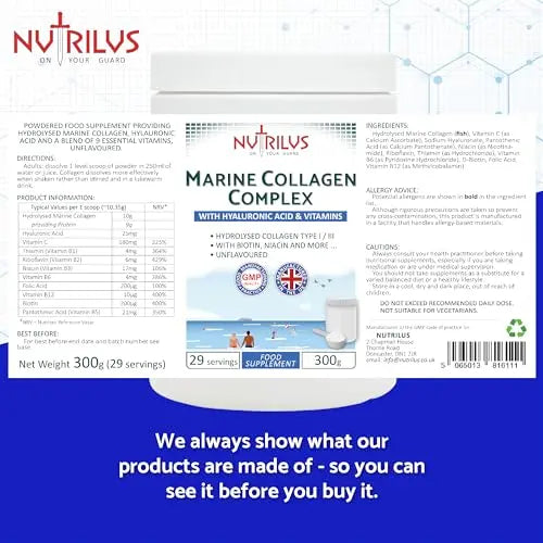 Hydrolysed Marine Collagen Powder 300g with Hyaluronic Acid and Vitamins - 29 Servings Nutrilus Au supplements