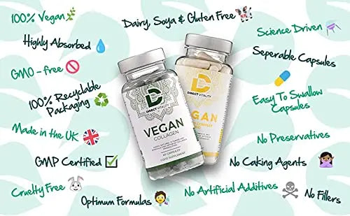 Vegan Collagen Supplement - 1400mg, Spirulina, L-Lysine, L-Proline, Acerola Cherries , Vitamin C & B12, Zinc, Hyaluronic Acid, UK Made D Direct Vitality Au supplements