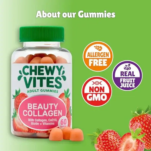 Chewy Vites Beauty Collagen 60 Gummy Vitamins |Hydrolised Collagen, CoQ10, Biotin + Vitamins | 1 Month Supply | Real Fruit Juice | Berry Flavour | 2-a-Day | CHEWY VITES Au supplements