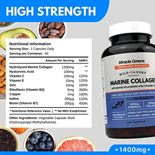 Marine Collagen 1400mg | 120 Capsules with Biotin, Hyaluronic Acid, Vitamin C, E, B2, Zinc, Copper & Iodine Miracle Greens Au supplements