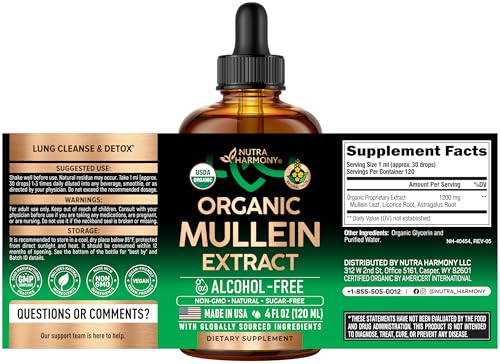 Mullein Drops for Lungs - USDA Organic Liquid - Mullein Leaf Extract Supplement - Made in USA - Lung & Bronchial Cleanse for Smokers - Respiratory Health Support