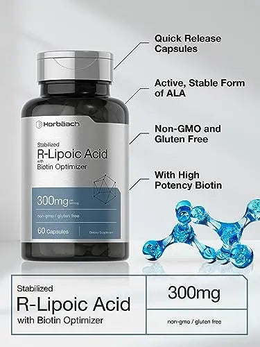 Stabilized R-Lipoic Acid 300mg | 60 Capsules | with Biotin Optimizer | Non-GMO, Gluten Horbäach Au supplements