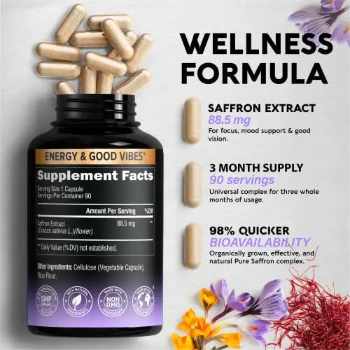 Natural Saffron Supplements - Pure Saffron Extract 88.5 mg - Made in USA - Mood NUTRAHARMONY Au supplements