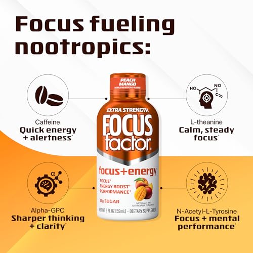 Focus Factor Extra Strength Focus + Energy Shots - 12 x 2oz Bottles (Peach Mango Flavor) - Powered by Nootropics with Caffeine, L-Theanine, Ginkgo, Bacopa, L-Tyrosine, Alpha GPC Focus Factor Au supplements