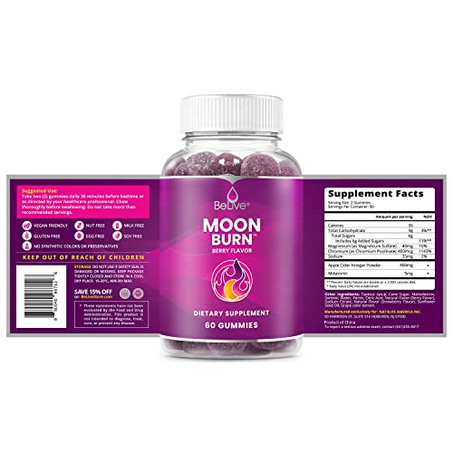 BeLive MoonBurn Nighttime Melatonin Gummies - 60 Ct | Formulated with Apple Cider BeLive Au supplements
