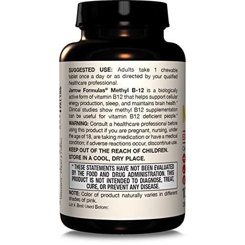 Jarrow Formulas Methyl Vitamin B-12 1000 mcg, 100 Chewable Tablets, Lemon Flavored- Bioactive B12 Vitamin - Supports Cellular Energy Production