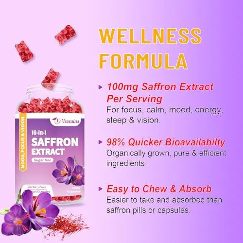 VZOXAINS 2 Pack Saffron Supplement Gummies, Sugar Free Saffron Extract with Magnesium VZOXAINS Au supplements