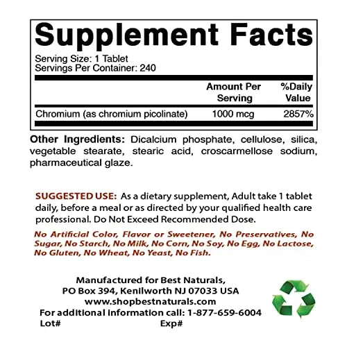 Best Naturals Chromium Picolinate 1000mcg 240 Tablets Best Naturals Au supplements