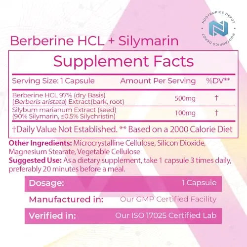 Nootropics Depot Berberine HCL + Silymarin Capsules | 500mg + 90mg | 180 Count Nootropics Depot Au supplements