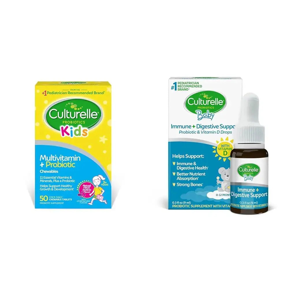 Culturelle Kids Complete Multivitamin + Probiotic Chewables, 50 Count Baby Immune & Digestive Support Probiotic + Vitamin D Drops, 30 Day Supply Culturelle Au supplements