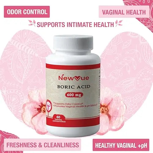 NewVue Boric Acid Vaginal Suppositories (600mg, 60 Count) Supports Vaginal pH Balance, Odor Control (USP Medical Grade Fine Powder, Easy Dissolve, Third Party Tested, Made in USA) NewVue Au supplements