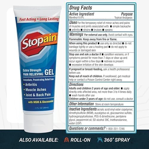 Stopain Pain Relief Gel 3oz USA Made, Max Strength Fast Acting with MSM, Glucosamine, Menthol for Arthritis, Lower Back Sciatica, Knee, Neck, HSA FSA Approved Topical Analgesic Products Stopain Au supplements