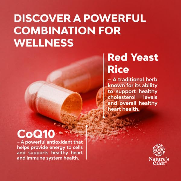 Natures Craft Red Yeast Rice with CoQ10 Supplement - Advanced Healthy Heart & Healthy Cholesterol Levels Formula for Men & Women - Red Yeast Rice Capsules with 1200 mg