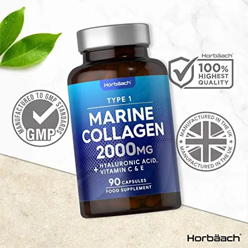 Marine Collagen Capsules | with Hyaluronic Acid, Vitamin C & E | 2000mg | High Strength Type 1 Collagen Horbäach Au supplements