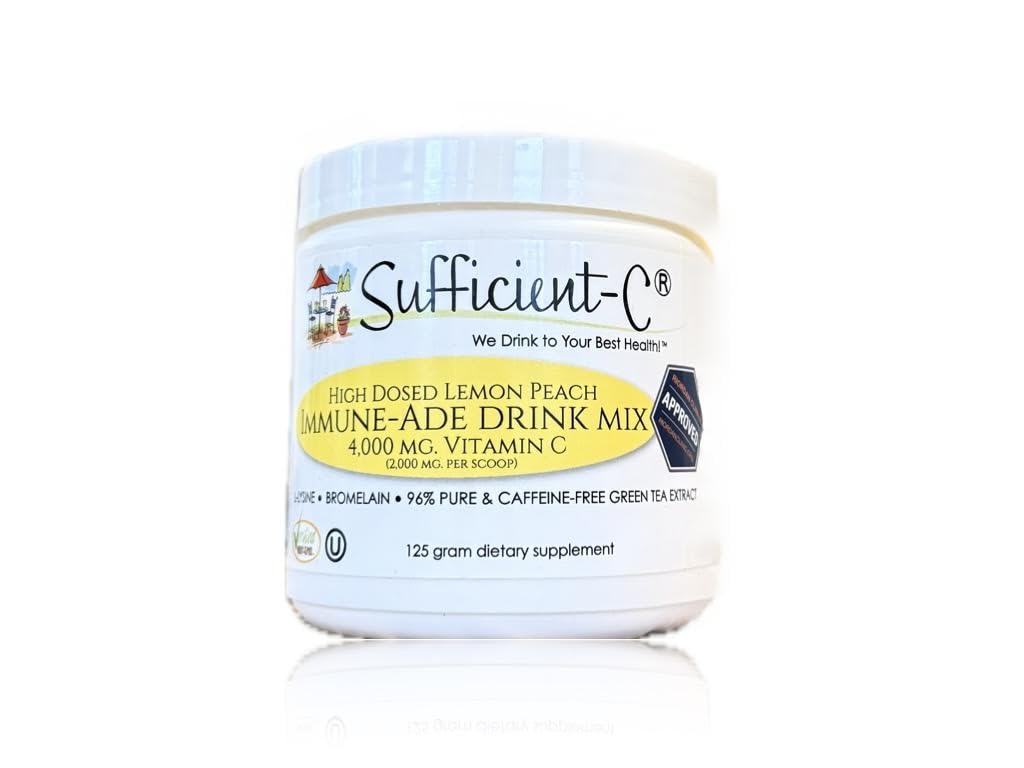 Sufficient-C High Dose Non-GMO Vitamin C Lemon Peach Immune-Ade Drink Mix, Convenient 125 Gram Size w/L-lysine, Bromelain & a Premium 96% Pure Green Tea Extract