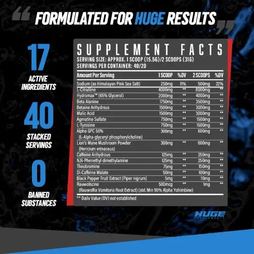 Huge Supplements Wrecked Pre-Workout, 30G+ Ingredients Per Serving to Boost Energy Huge Supplements Au supplements