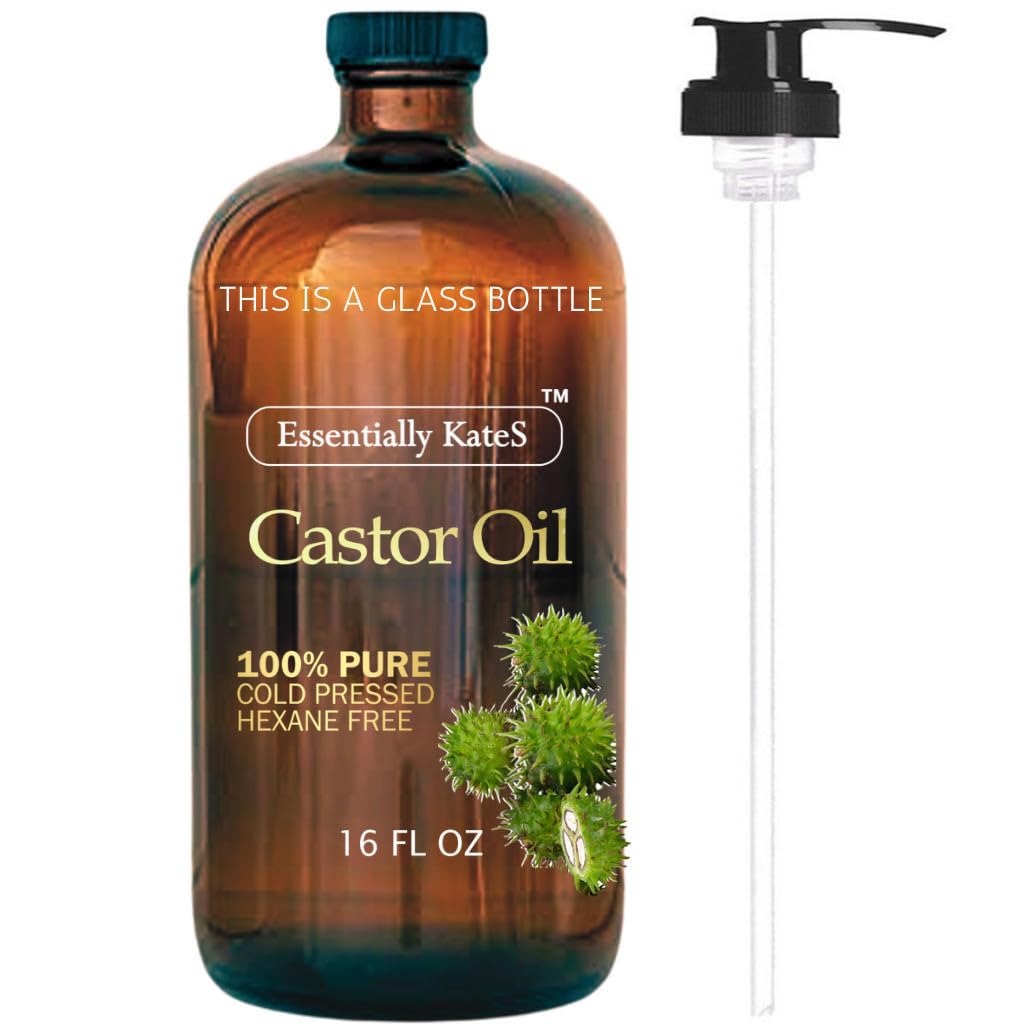 Essentially KateS Castor Oil 16 Fl Oz (Glass Bottle) - Original - A Huge Glass Bottle with a Pump - 100% Pure and Natural