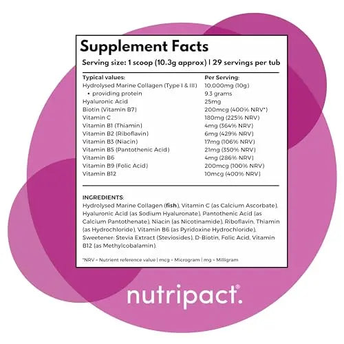 Hydrolysed Marine Collagen Peptides Powder with Hyaluronic Acid, Biotin, Vitamin C & B Vitamins – 10,000mg Collagen nutripact Au supplements