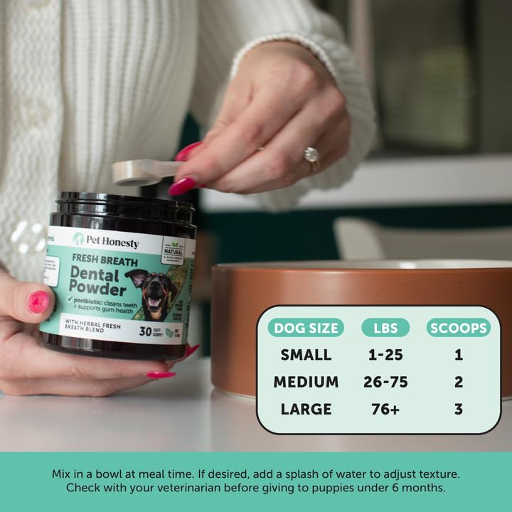 Dog Breath Freshener Dental Powder for Teeth Cleaning Plaque Off, Dental Care for Dogs, Tartar Remover for Teeth with Natural Herbal Blend + Postbiotics (Mint - 30 Servings) Pet Honesty Au supplements
