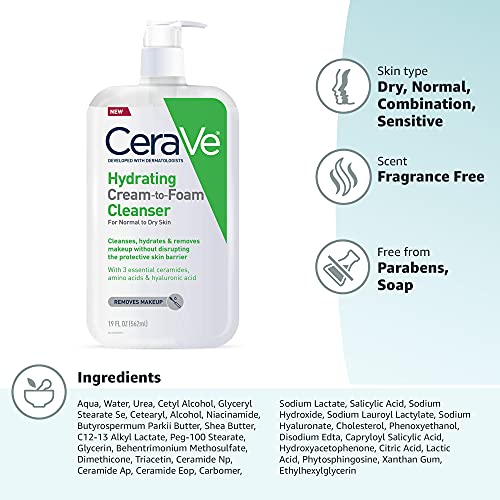 CeraVe Hydrating Cream To Foam Cleanser, Makeup Remover Face Wash For Dry Skin
