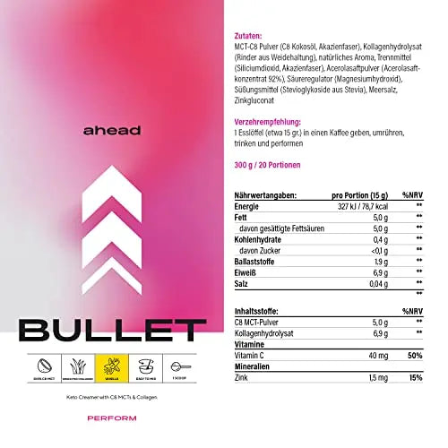 ahead BULLET | C8 MCT Powder with Collagen Powder - Vanilla - 300g - Perfect for Bulletproof Coffee ahead Au supplements