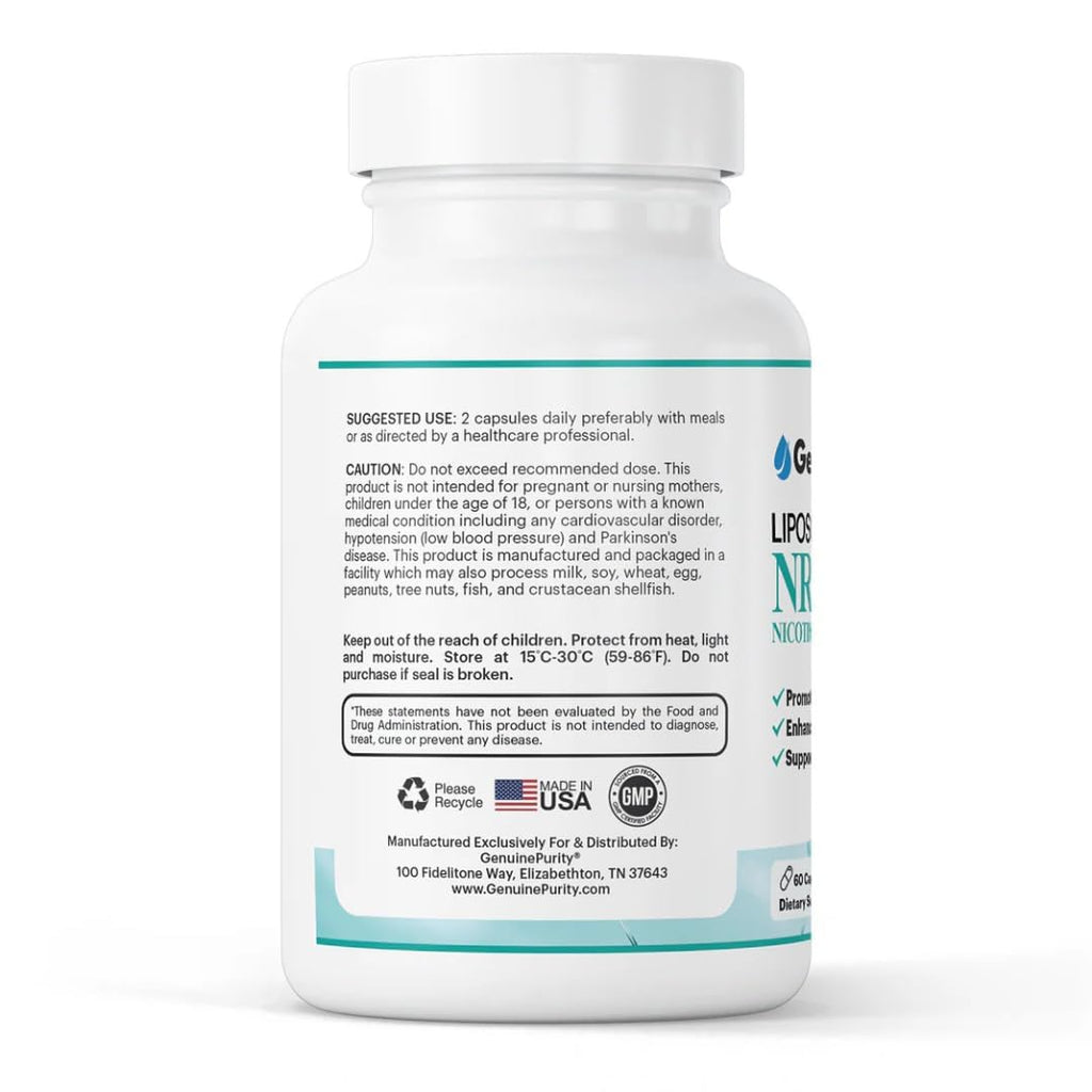 GenuinePurity Liposomal NR 300mg Nicotinamide Riboside Supplement | Advanced NAD Boost for Cellular Energy and Mitochondrial Function | Gluten Free, Vegan, USA Made, Non-GMO | 60 Capsules GenuinePurity Au supplements