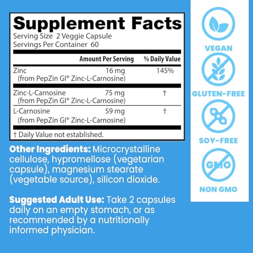 Doctor's Best PepZin GI, Zinc-L-Carnosine Complex for Men & Women - Zinc Carnosine Supplement Caps for Gut Health, Digestive Support, & Stomach Comfort
